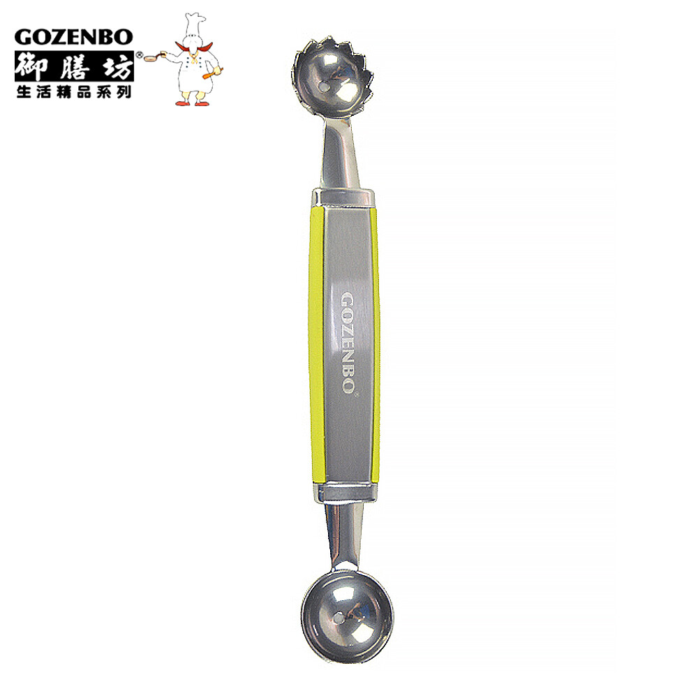 底部有透氣小孔，果肉不沾玿壁 雙頭挖勺設計，花式及圓形挖勺 人體工學握柄輕鬆使用 材質：刀片-不鏽鋼,手柄-TPR+不鏽鋼 規格：20.3cm±5% 產地：中國(御膳坊廈門廠監製) 用途/使用方式：挖