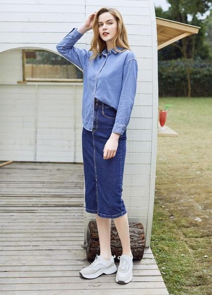 牛仔裙GU女裝牛仔前開衩中長裙(水洗產品)休閒運動牛仔裙313143極優 【新品熱賣】