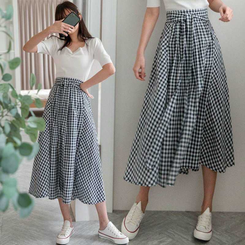 ★現折100★鬆緊壓褶綁帶棉麻格子長裙(共1色)0315 預購【NL0588】