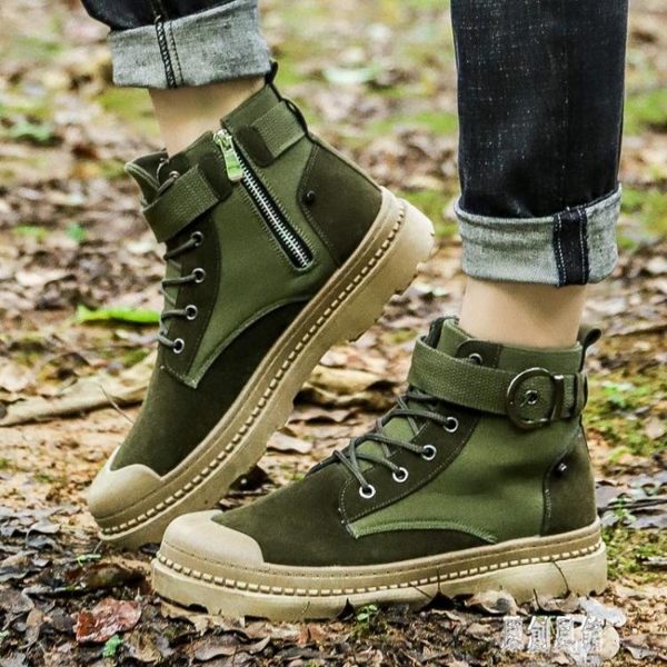 夏季馬丁鞋男透氣高幫休閒工裝鞋男士登山戶外靴子男潮靴軍綠戰靴 LR8195【原創風館】