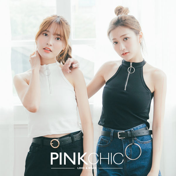 背心 削肩圓環拉鍊針織背心 - PINK CHIC - 13215
