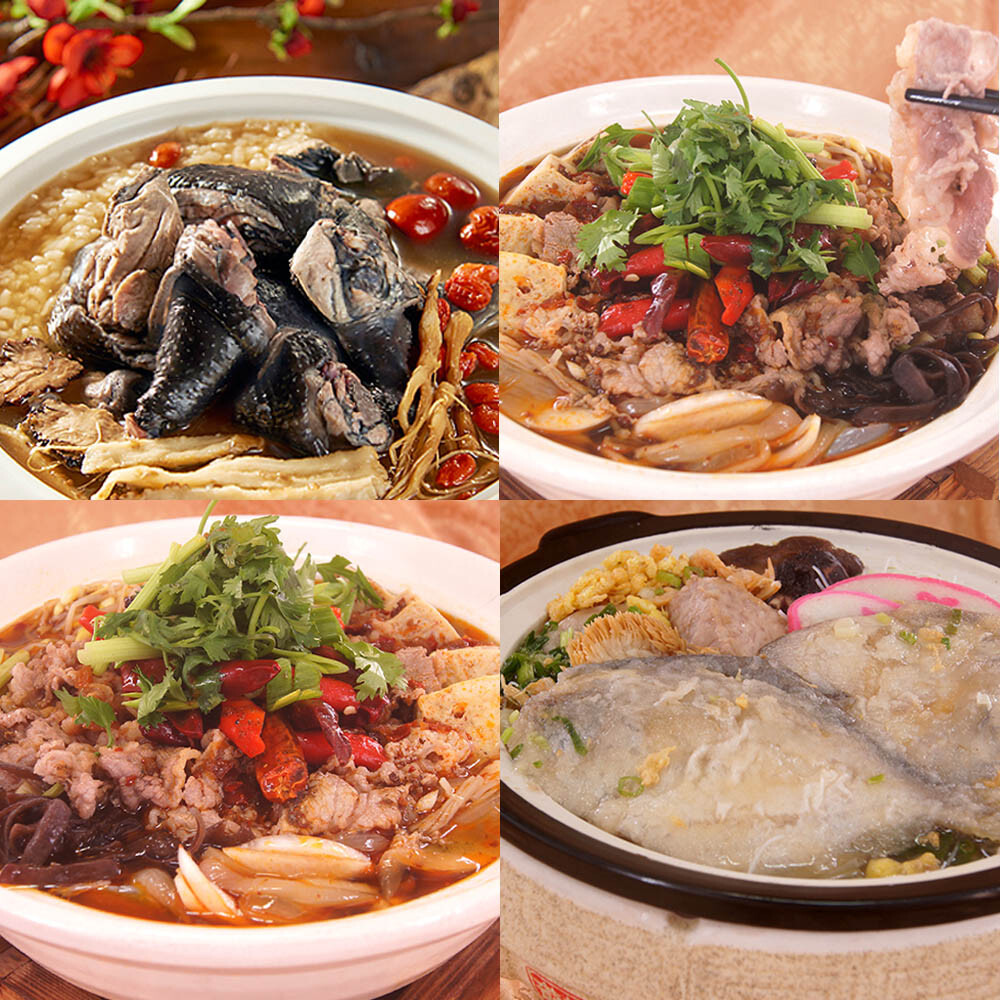 【商品規格】 品名：溫暖煲湯系列 (燒烏雞、梅花豬肉、牛肉煲、鯧魚炊粉) 內容物/規格： 人蔘酒燒烏雞2250g(固形物650公克) 水煮梅花豬肉1450g(固形物650g) 水煮牛肉煲1350g(固