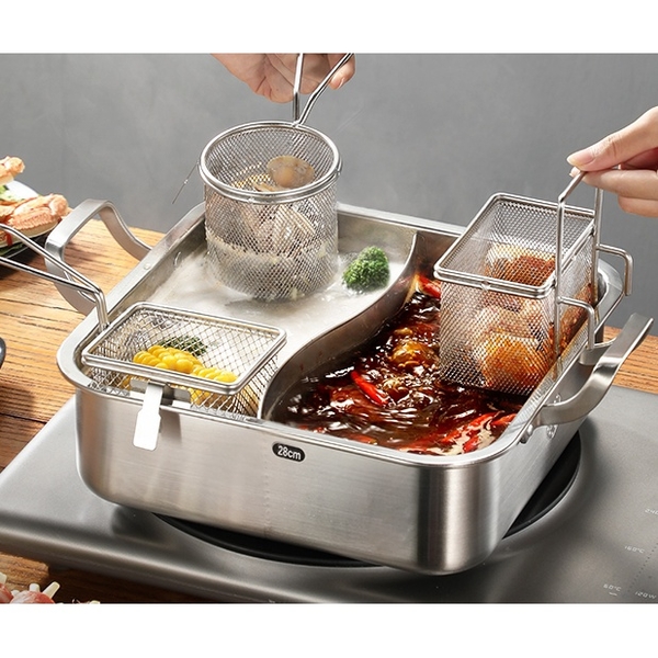 【培菓幸福寵物專營店】鴛鴦鍋304不銹鋼火鍋專用鍋家用電磁爐通用-32CM方形-鴛鴦鍋