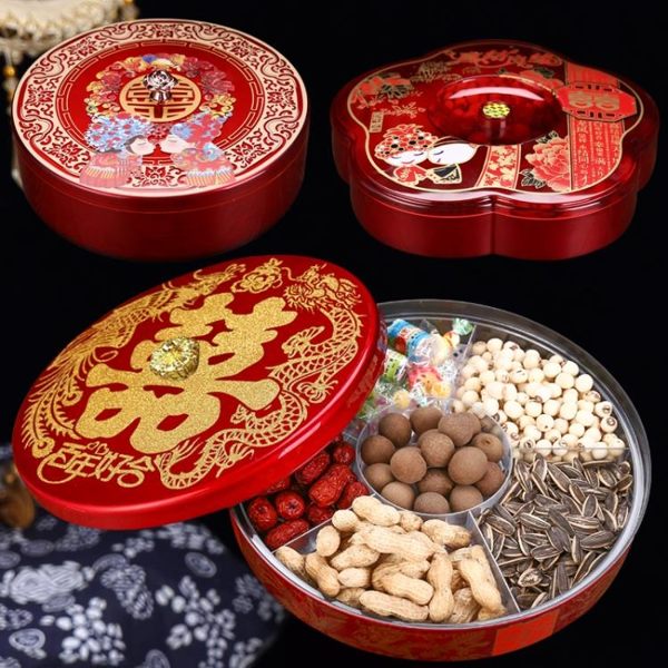 果盤 結婚用的糖果盒盤紅色喜盤分多格帶蓋家用客廳婚慶用品喜慶干果盤【免運 快速出貨】
