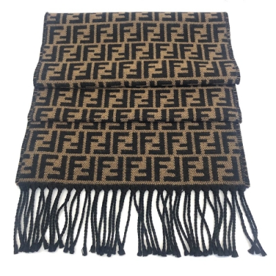 FENDI 經典FFLOGO系列雙面羊毛流蘇圍巾(黑/咖)