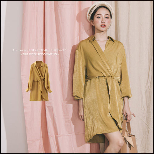 URES 層次襯衫領光澤感滑料縮腰澎澎袖連身洋【881015188】