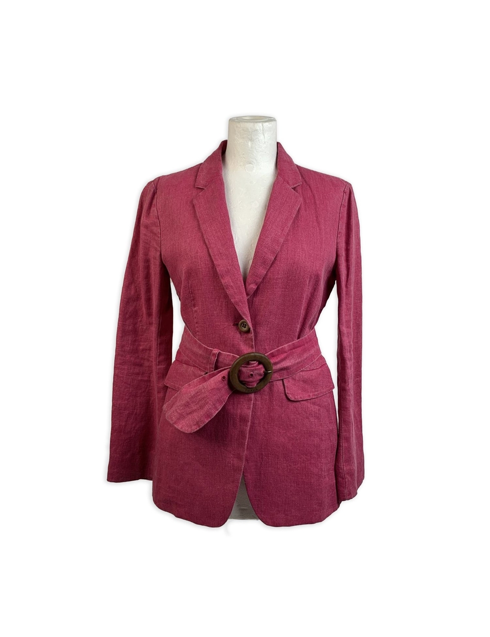 Prada vintage linen blazer in pink color. It features a belted waistline, front button closure, long