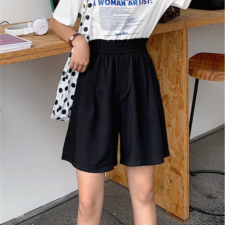 【現貨】韓版高腰顯瘦休閒短褲 運動短褲 百搭松緊腰闊腿短褲 原宿BF學院風情侶裝 時尚熱褲