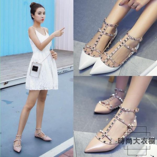 鉚釘尖頭平底鞋女單鞋綁帶鞋淺口平跟女鞋大碼【時尚大衣櫥】