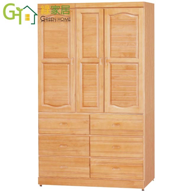 【綠家居】優美 時尚4尺實木三門六抽衣櫃/收納櫃(二色可選) 整體材質採用松木實木＋防蛀木心板+五金滑軌結構+優利坦耐磨三層全包式塗漆塗裝等材質耐用堅固，採用六抽屜＋內開放式層格＋吊衣桿等收納空間設計
