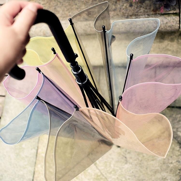 當季嚴選~半自動傘長柄直桿傘七色彩虹透明雨傘女學生直立傘-愛尚生活