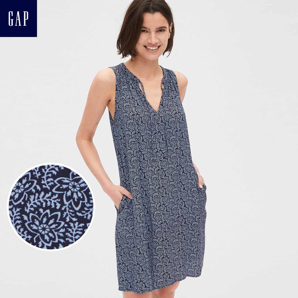 Gap女裝 印花無袖領口繫帶寬擺洋裝 468842-藍底印花