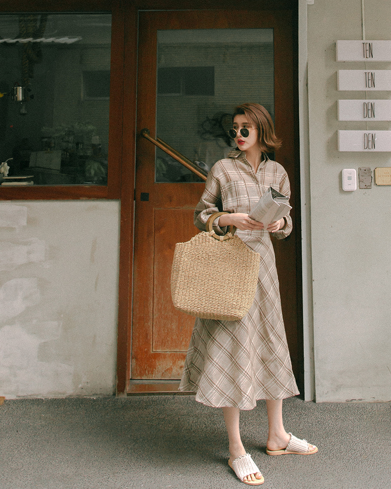 Mercci22+棉麻格紋襯衫裙套裝