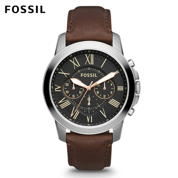 FOSSIL Grant 深褐色黑色錶面皮革手錶 男 FS4813IE