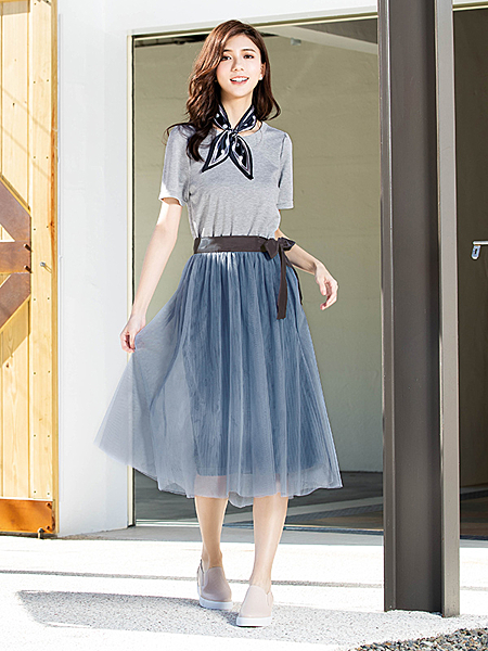 [H2O]假兩件式活動一片紗裙可兩穿針織洋裝 - 藍/白/灰色