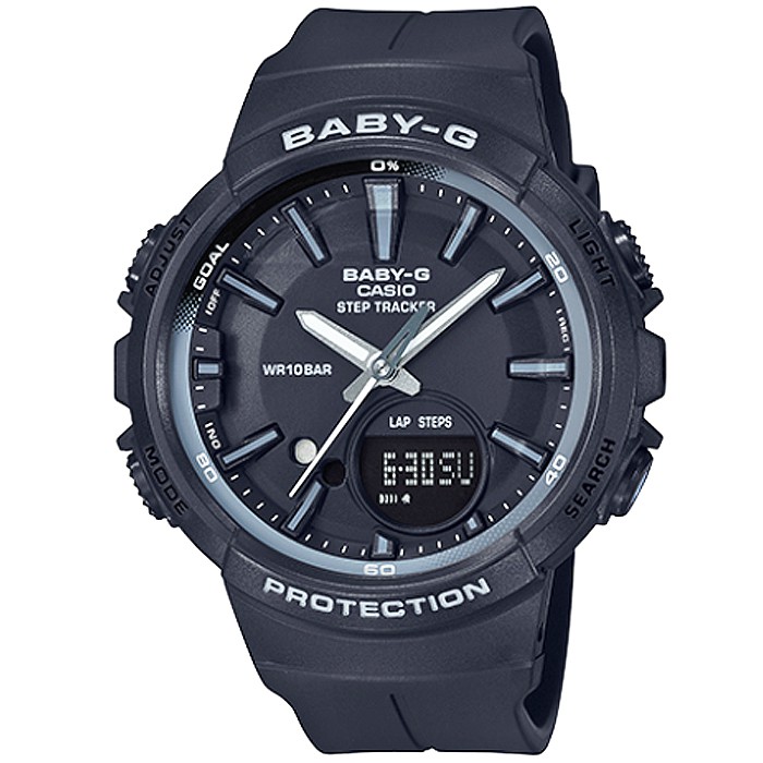 【CASIO】 卡西歐Baby-G 計步慢跑鬧鈴雙顯錶-黑 / BGS-100SC-1A (台灣公司貨)