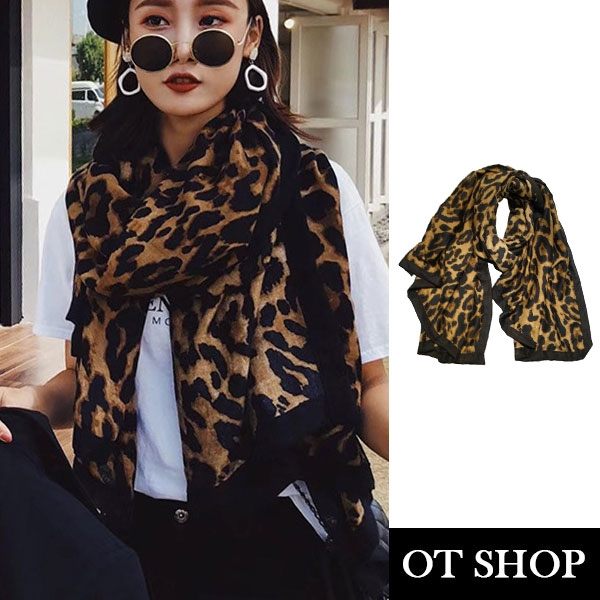 [現貨] OT SHOP防曬空調絲巾 豹紋圍巾 棉麻材質 披肩 氣質時尚百搭 穿搭配件 D9054