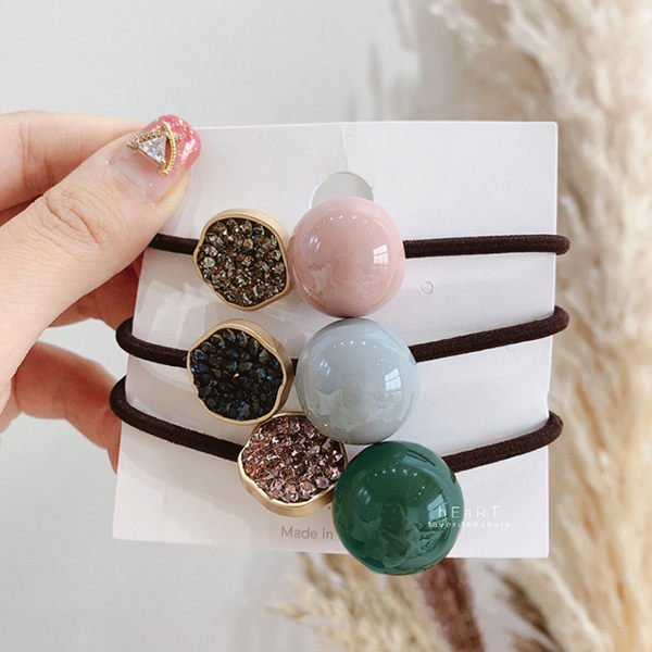 典雅糖果色鑲鑽髮圈 髮圈 髮束 髮繩 髮飾 頭飾