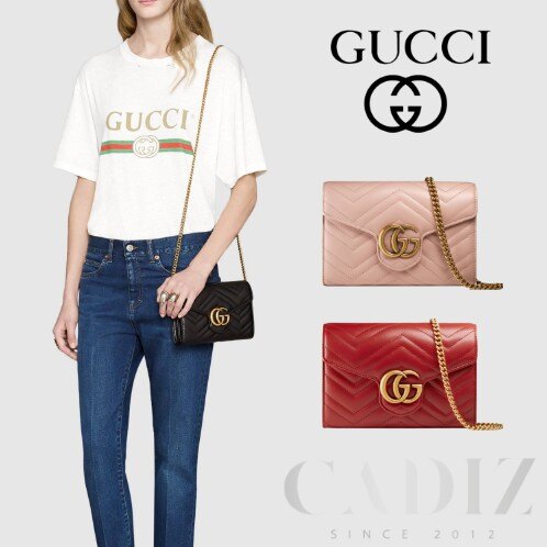 預購 義大利正品GUCCI Mini borsa GG Marmont 迷你黑粉紅Ｖ型紋真皮鏈條包 474575