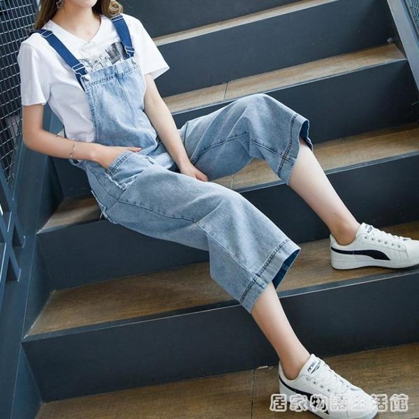 春夏新款森女系牛仔吊帶褲女bf九分褲韓版寬鬆學生直筒寬管褲