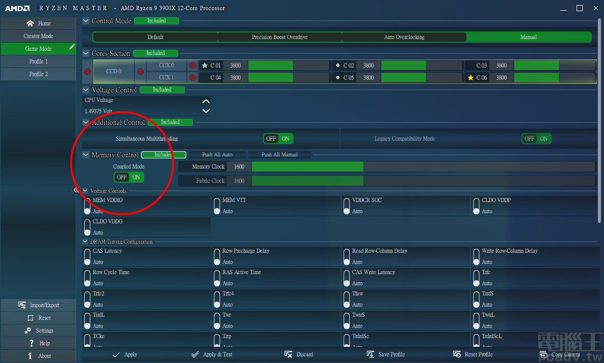 ▲ Memory Control 提供連動開關選項，Coupled Mode：ON 表示 Infinity Fabric 時脈跟隨記憶體等效時脈，Coupled Mode：OFF 表示採用 1：2 比例。