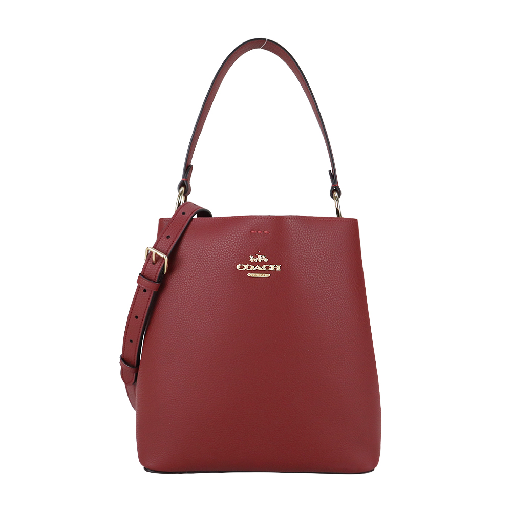COACH 經典馬車素面荔枝紋皮革水桶包(大/櫻桃酒紅)