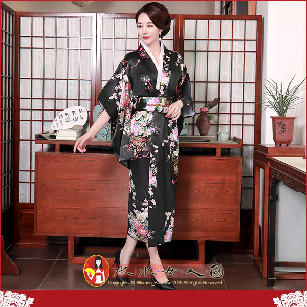 【水水女人國】～優雅浪漫旗袍風～櫻花(黑色)。復古仿絲印花日式和服浴袍改良式修身洋裝。流行女裝與女鞋人氣店家水水女人國的首頁有最棒的商品。快到日本NO.1的Rakuten樂天市場的安全環境中盡情網路購