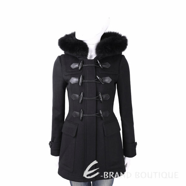 BURBERRY 可拆式皮草黑色連帽牛角扣羊毛大衣 1810401-01