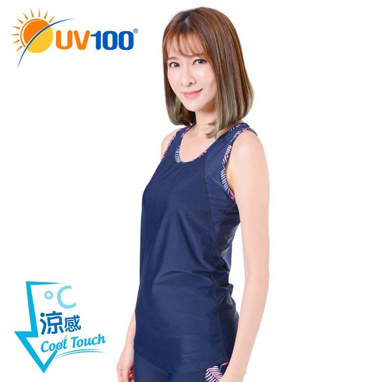 UV100 防曬 抗UV-涼感拼接挖背背心-女 - 丈青色【BI91034】