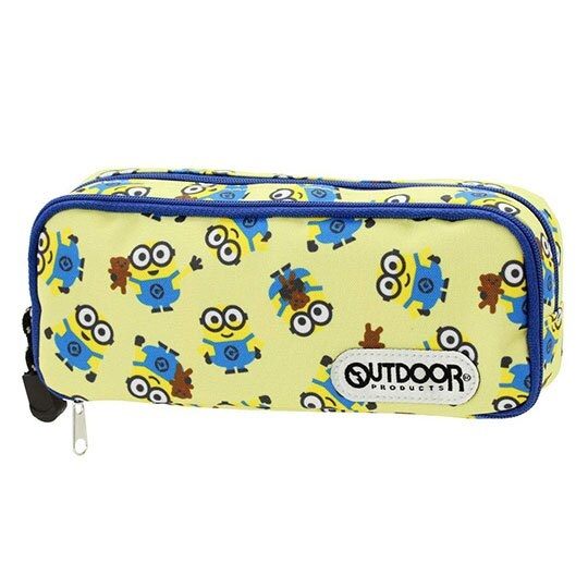 〔小禮堂〕小小兵 OUTDOOR 帆布雙層拉鍊筆袋《黃.抱熊滿版》收納包.化妝包.鉛筆盒 4901770-59460