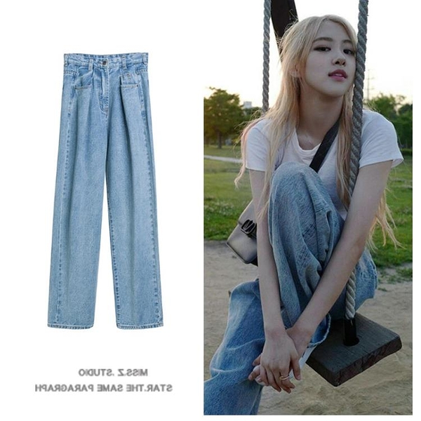 艾莉 Blackpink樸彩英同款正韓牛仔褲女香港直筒闊腿長褲休閒褲子女潮