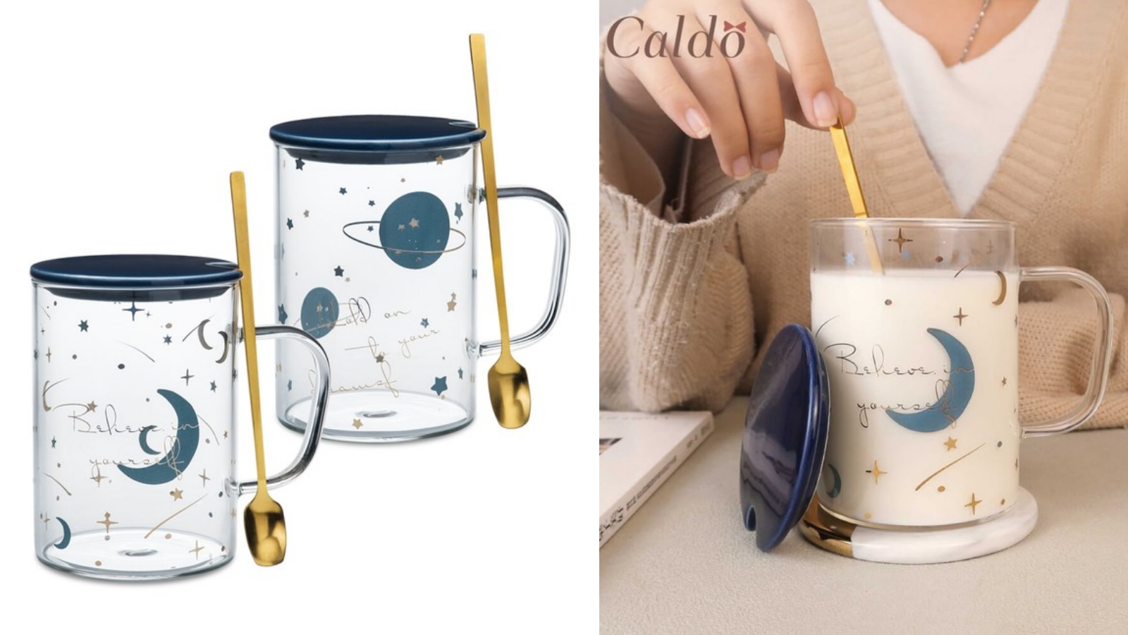 Caldo 卡朵生活 銀河耐熱透明附蓋馬克杯(附匙)