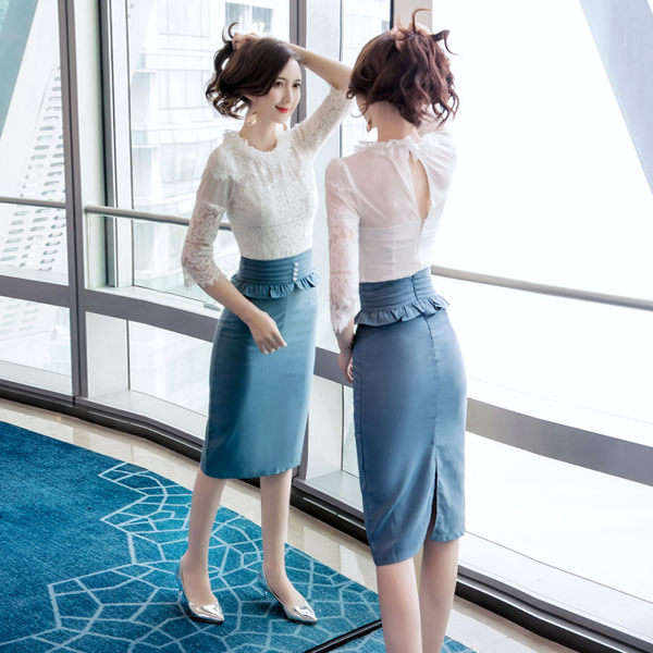 VK旗艦店 韓國風名媛蕾絲時尚荷葉收腰包臀套裝短袖裙裝