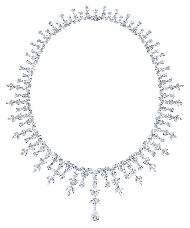 DE BEERS「Aden Heart」系列高級珠寶鑽石項鍊╱275顆圓形明亮式、欖尖形、梨形及心形切割鑽石，總重67.33克拉╱26,500,000元。（圖╱DE BEERS提供）