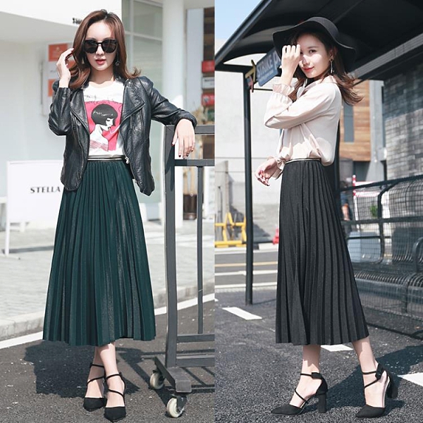 秋冬款針織百褶裙正韓高腰百搭中長款半身裙a字黑色長裙子女 【八折搶購】