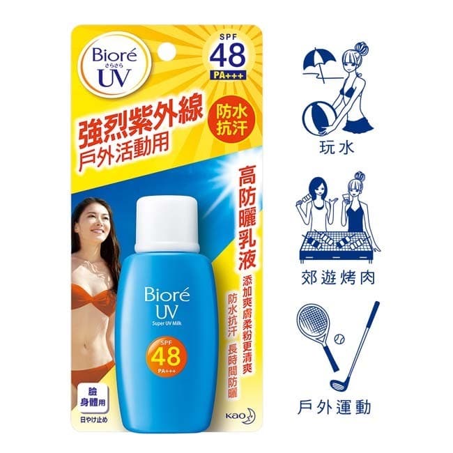 B波，延長肌膚耐曬時間48倍。SPF48能防止UV．B所造成的肌膚曬紅、變黑。PA＋＋＋可預防UV．A所引起的皺紋、肌膚老化。防水配方抗汗更持久：高防水抗汗效果，長時間游泳玩水也能持續防曬。清爽、不黏