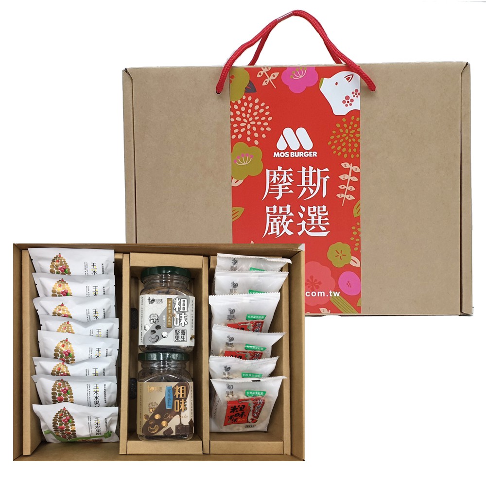 內含原味核桃x1罐原味腰果x1罐玉米水果酥x7包粗味米果x6包『玉米水果酥』來自奇美部落契作的硬質玉米及黑米，經膨化後添加有生產履歷安心栽培之草莓和蘋果及蔓越莓乾，低溫調配不油炸、不添加油脂，能保留水
