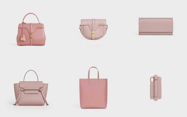 16復古粉緞面小牛皮小型提包／130,000元、BESACE 16 復古粉緞面小牛皮肩背包 ／75,000元、ESSENTIAL復古粉小牛皮翻蓋長夾／22,500元、BELT復古粉粒紋小牛皮袖珍型肩背包／69,000元、CABAS復古粉粒紋小牛皮肩背提包／41,000元、復古粉色平滑羊皮手機殼／16,000元（圖／品牌提供）