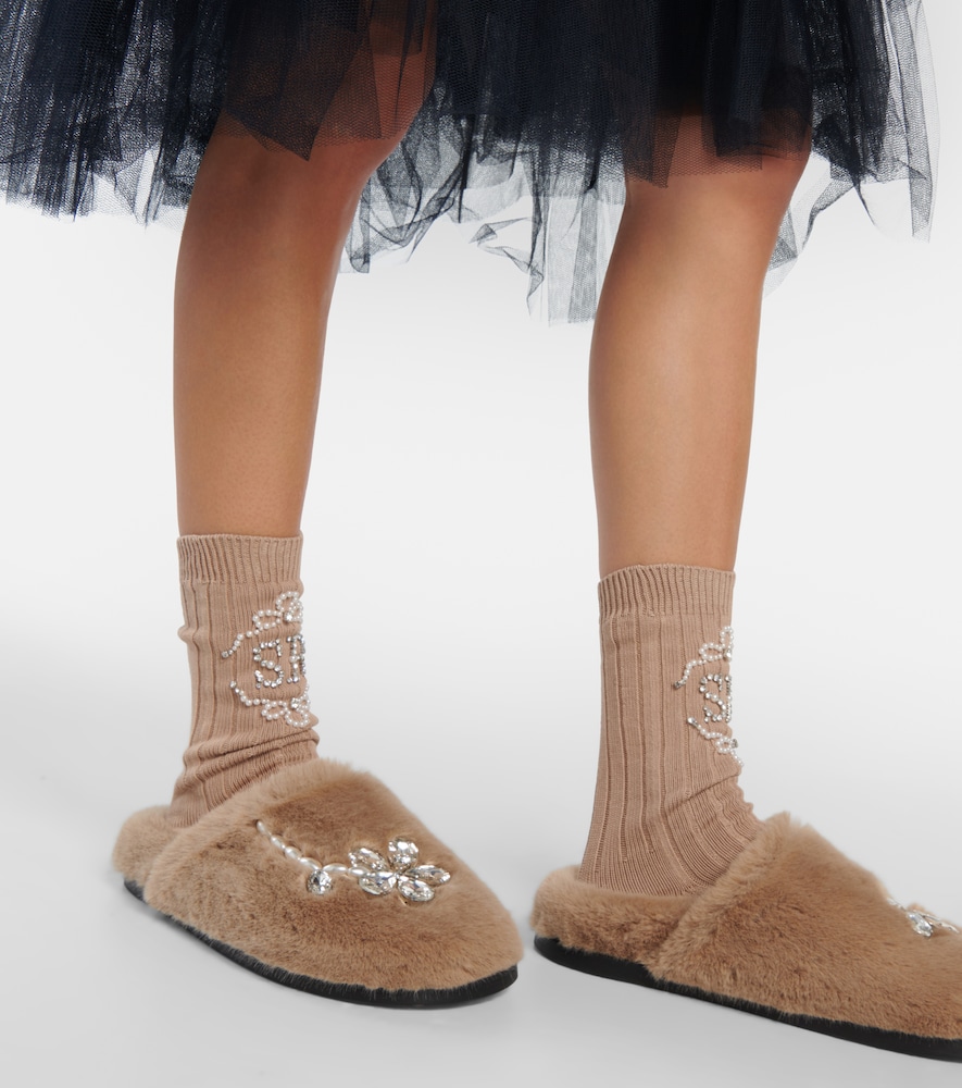 Simone Rocha Embellished faux fur slippers