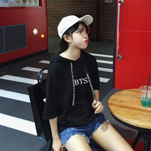 BTS防彈少年團同款連帽衛衣短袖T恤男女應援衣服韓版潮五分袖上衣『艾麗花園』
