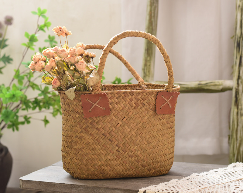 編織花籃 北歐草編花籃手提編織籃子ins家居創意藤編插花干花籃客廳收納筐