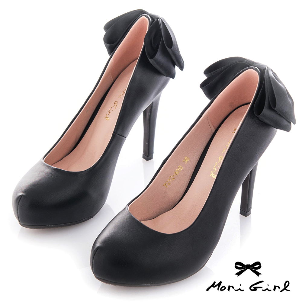 Mori girl 後蝴蝶結緞面高跟鞋 黑