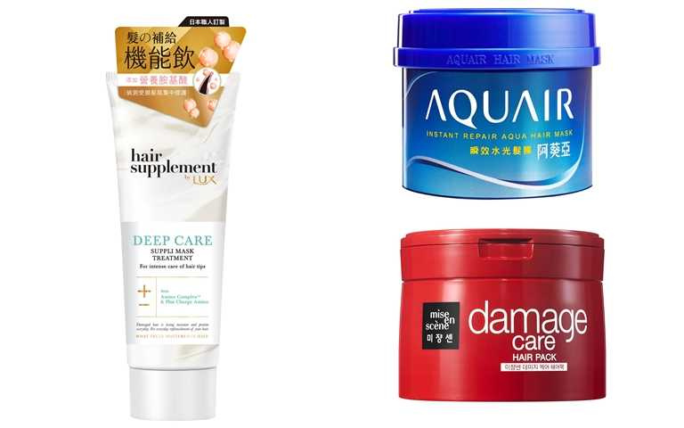 LUX營養胺基酸深層修護髮膜 分叉受損髮 170g／309元、AQUAIR瞬效水光髮膜 230g／229元、魅尚宣損傷修護髮膜 150ml／500元(圖／品牌提供)