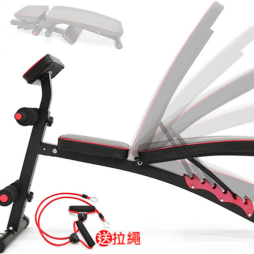 擴充二頭肌板+彈力繩n背墊傾斜角度配合操作n便利折疊收納節省空間