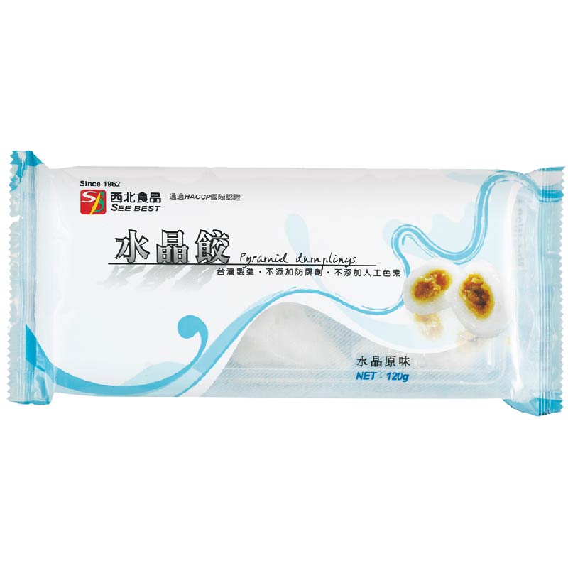 採用天然食材特有的香味與色澤，賦予了水晶餃新生命！水煮過後剔透的外皮閃閃發亮，裡頭包裹著鹹度適中、香味十足的飽滿肉餡，讓您的湯頭仍然保持原有的清澈香甜，咬一口飽滿的餡料，油蔥酥的香、融合了調味料的肉餡