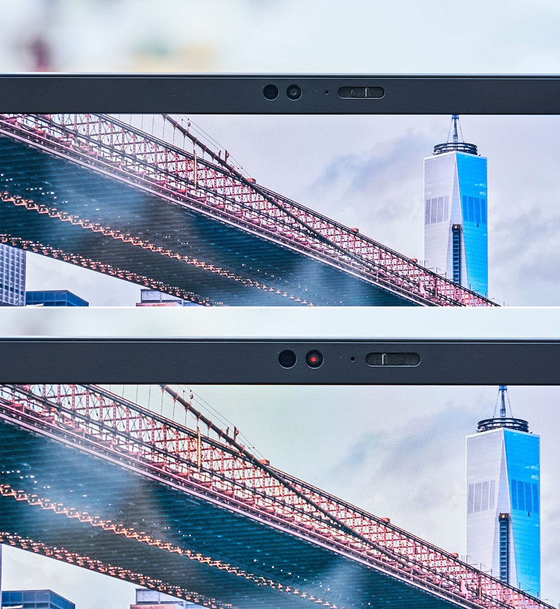 螢幕上方設置了 HD 視訊鏡頭，並選配了混合紅外線的臉部辨識鏡頭，至於實用的 ThinkShutter 鏡頭蓋，則可依實際需求開（圖上）關（圖下）視訊鏡頭，避免個人隱私外洩。