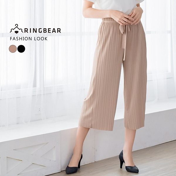 寬褲--簡約氣質寬版鬆緊綁帶褲頭彈性皺褶寬口七分褲(黑.卡其XL-4L)-S93眼圈熊中大尺碼