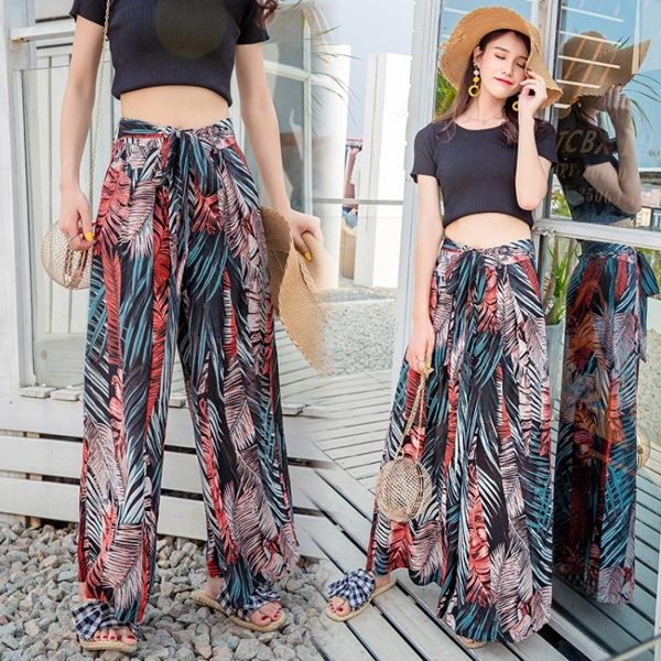 甩甩褲大腳褲裙褲薄款垂感印花冰絲雪紡闊腿褲女夏天高腰沙灘長褲