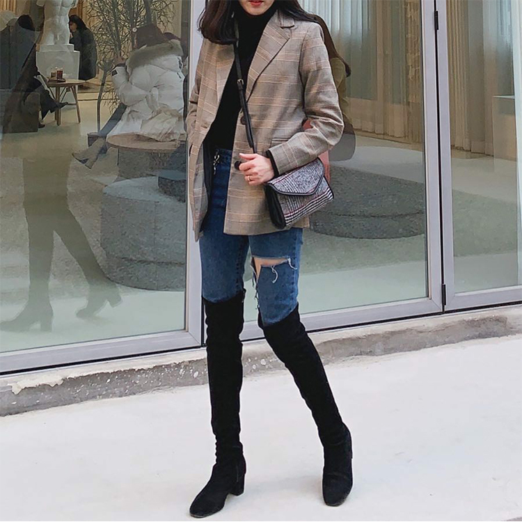 顯瘦感絨料中跟膝上長靴 小隻女穿搭 膝上靴穿搭 11.sns穿搭