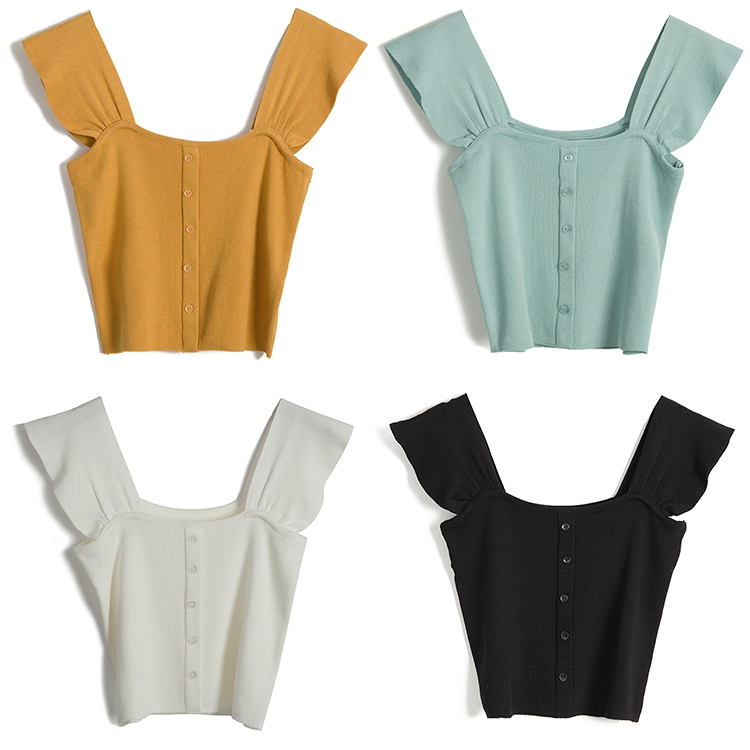 方領荷葉邊針織吊帶背心女夏外穿短款mschf泫雅寬頻平口無袖上衣